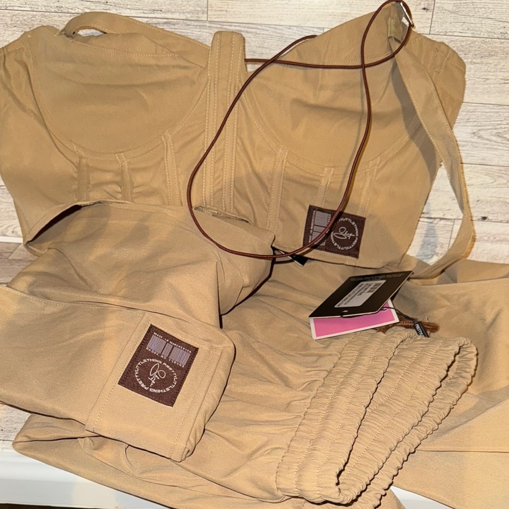 PrettyLittleThing Tan two piece crop top and cargo pants set